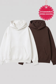 Unisex 2’li Oversize Basic Hoodie Beyaz & Kahverengi – Kapüşonlu, Cepli, 3 İplik Şardonlu Polar