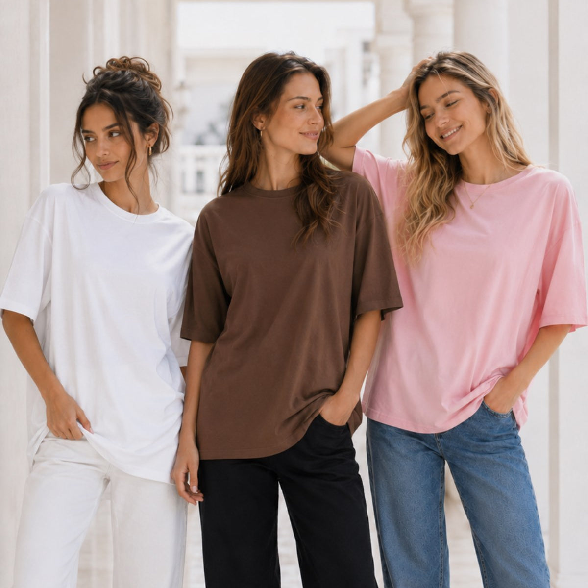 Kadın 3’lü Oversize Tişört Seti Beyaz Kahverengi Pembe – Bisiklet Yaka, Rahat Kalıp, %100 Pamuk