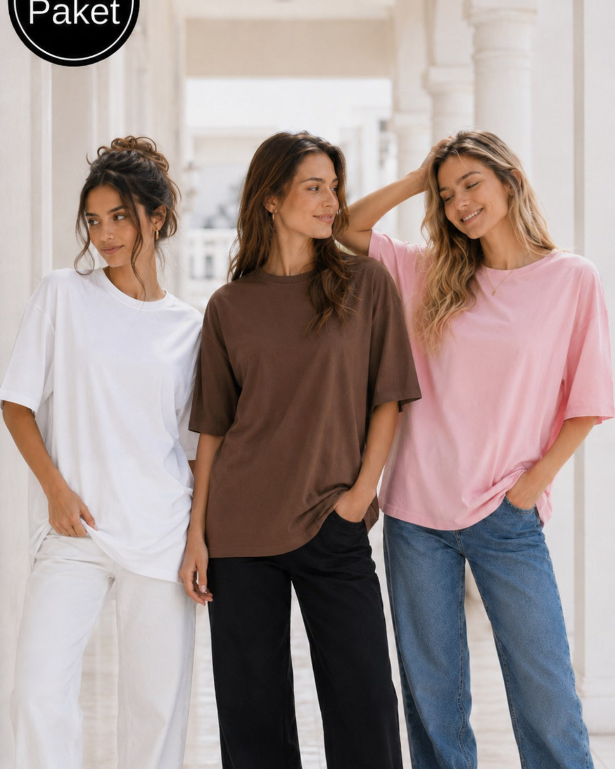 Kadın 3’lü Oversize Tişört Seti Beyaz Kahverengi Pembe – Bisiklet Yaka, Rahat Kalıp, %100 Pamuk