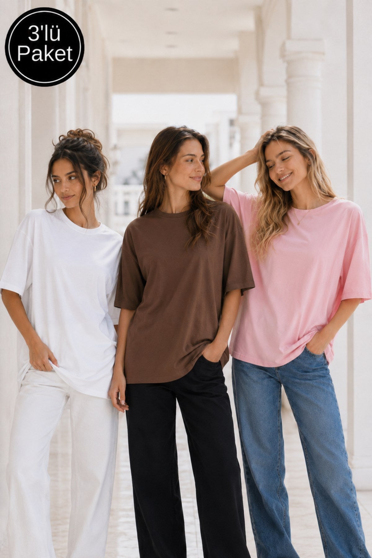 Kadın 3’lü Oversize Tişört Seti Beyaz Kahverengi Pembe – Bisiklet Yaka, Rahat Kalıp, %100 Pamuk