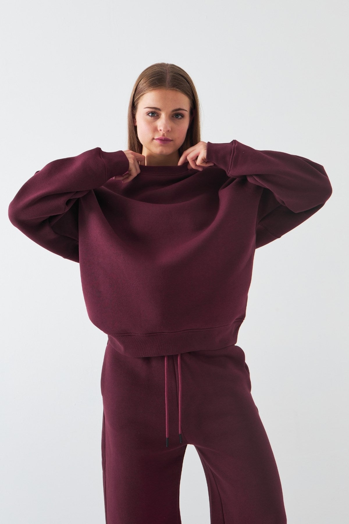 Unisex Oversize Sweatshirt Basic Bordo – Bisiklet Yaka, 3 İplik Şardonlu Polar