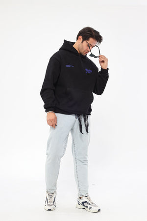 Kapüşonlu İçi Polar Eighty Five Yazı Baskılı Siyah Oversize Hoodie Sweatshirt