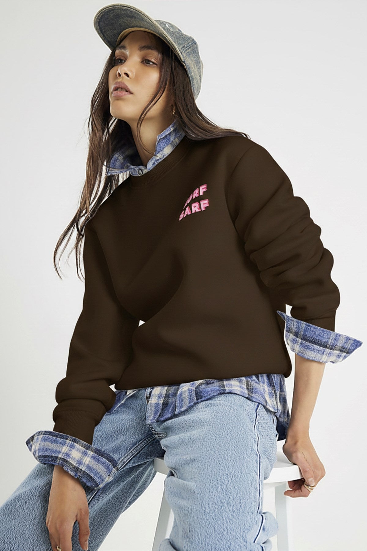 Unisex Oversize Sweatshirt Norf Sarf Harita Baskılı Kahverengi – Bisiklet Yaka, 3 İplik Polar