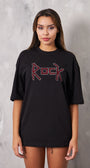 Rock Yazılı Kırmızı Taş Baskılı Siyah Kadın T-Shirt