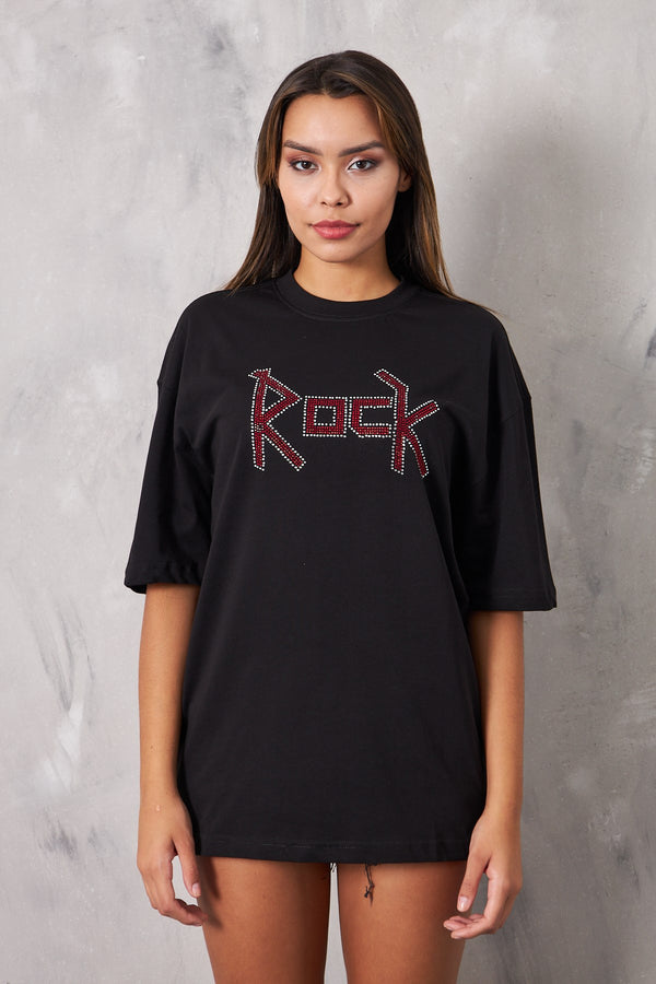 Rock Yazılı Kırmızı Taş Baskılı Siyah Kadın T-Shirt