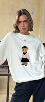Kadın Oversize Sweatshirt Ballerina Bear Baskılı Beyaz – Bisiklet Yaka, 3 İplik Şardonlu Polar