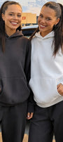 Unisex 2’li Oversize Basic Hoodie Beyaz & Füme – Kapüşonlu, Cepli, 3 İplik Şardonlu Polar