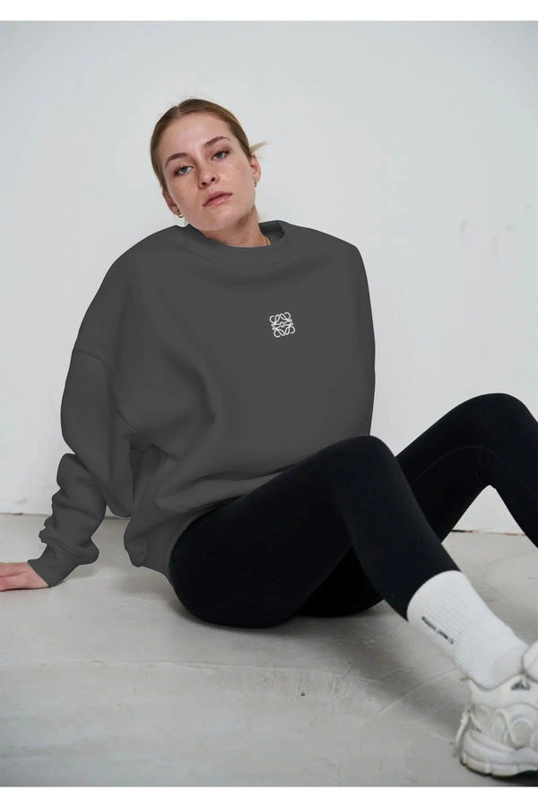 Füme Unisex Loewe Yüksek Baskı Bisiklet Yaka Oversize Sweatshirt