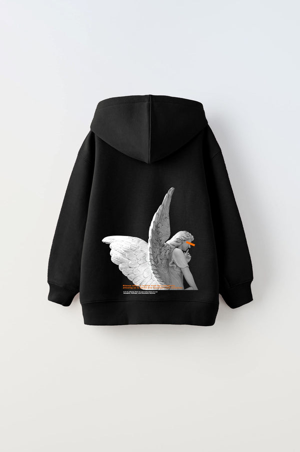 Kapüşonlu İçi Polar Art Work Heykel Baskılı Siyah Unisex Çocuk Hoodie Sweatshirt