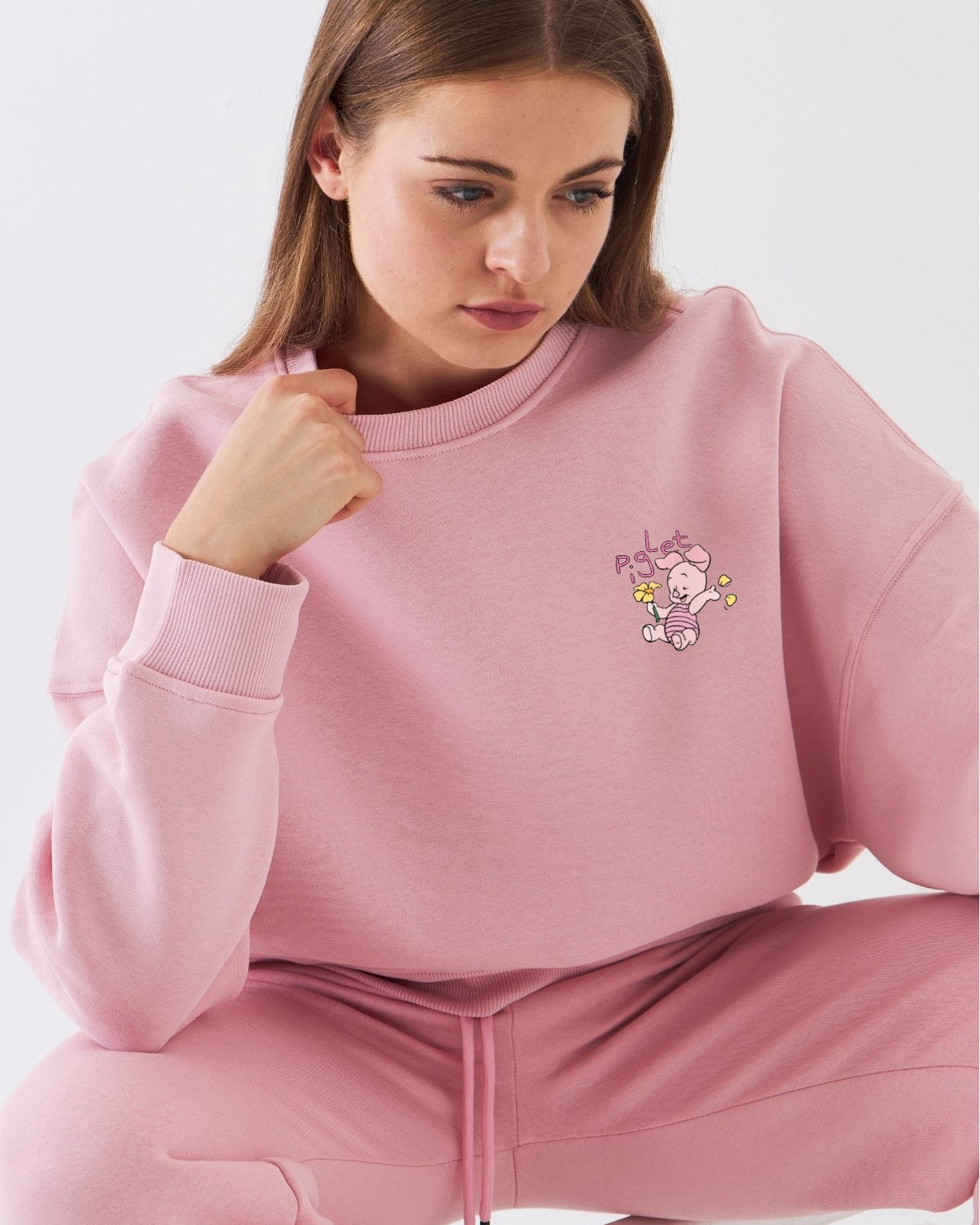 Kadın Oversize Sweatshirt Piglet Bloom Baskılı Pembe – Bisiklet Yaka, 3 İplik Şardonlu Polar