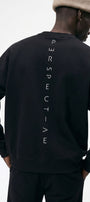 Erkek Oversize Sweatshirt Perspectiv Baskılı Siyah – Bisiklet Yaka, 3 İplik Şardonlu Polar