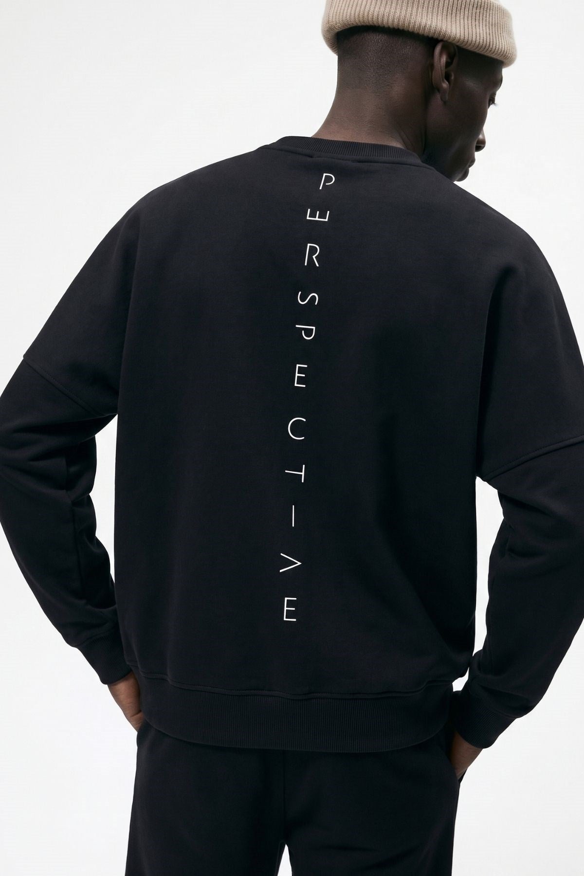 Erkek Oversize Sweatshirt Perspectiv Baskılı Siyah – Bisiklet Yaka, 3 İplik Şardonlu Polar