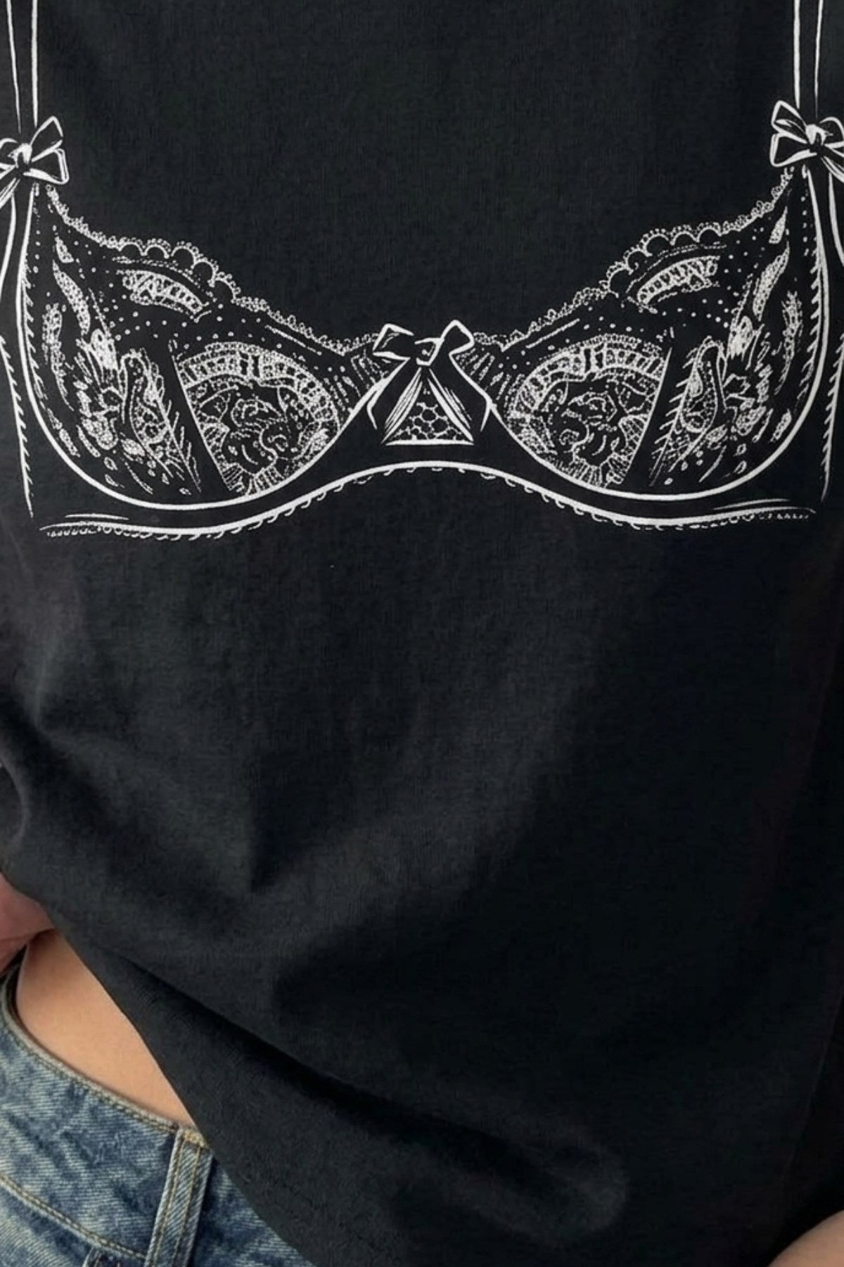 Kadın Double Oversize Lingerie Sketch Blue Baskılı Siyah – Bisiklet Yaka, Rahat Kalıp, %100 Pamuk