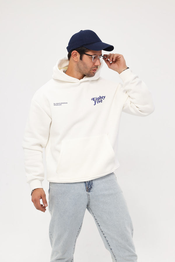 Kapüşonlu İçi Polar Eighty Five Yazı Baskılı Beyaz Oversize Hoodie Sweatshirt