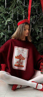 Kadın Oversize Sweatshirt Elbise Carousel Love Baskılı Bordo – Bisiklet Yaka, 3 İplik Şardonlu Polar