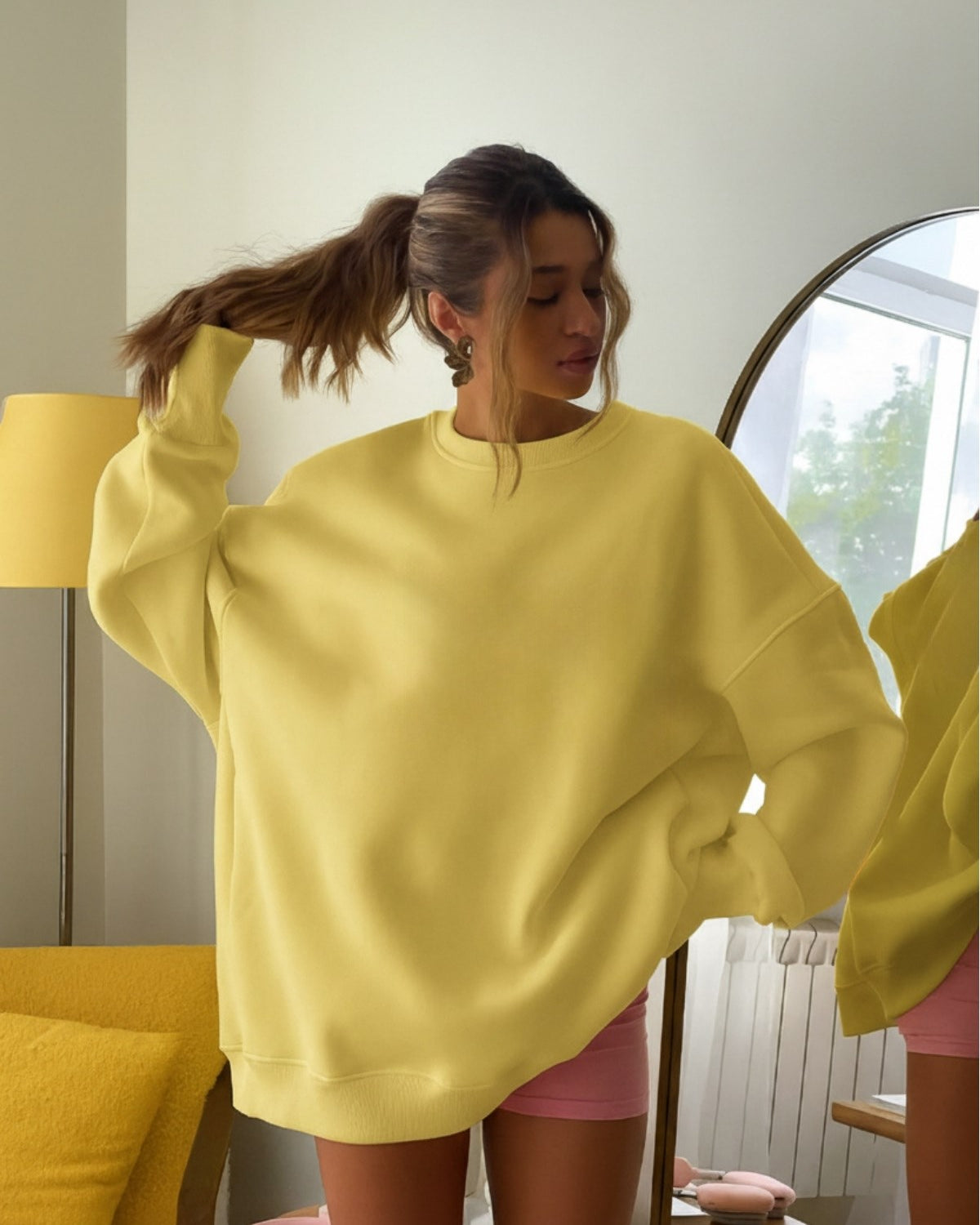 Kadın Oversize Sweatshirt Elbise  Basic Sarı – Bisiklet Yaka, 3 İplik Şardonlu Polar