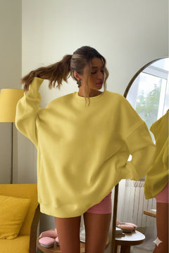 Kadın Oversize Sweatshirt Elbise  Basic Sarı – Bisiklet Yaka, 3 İplik Şardonlu Polar