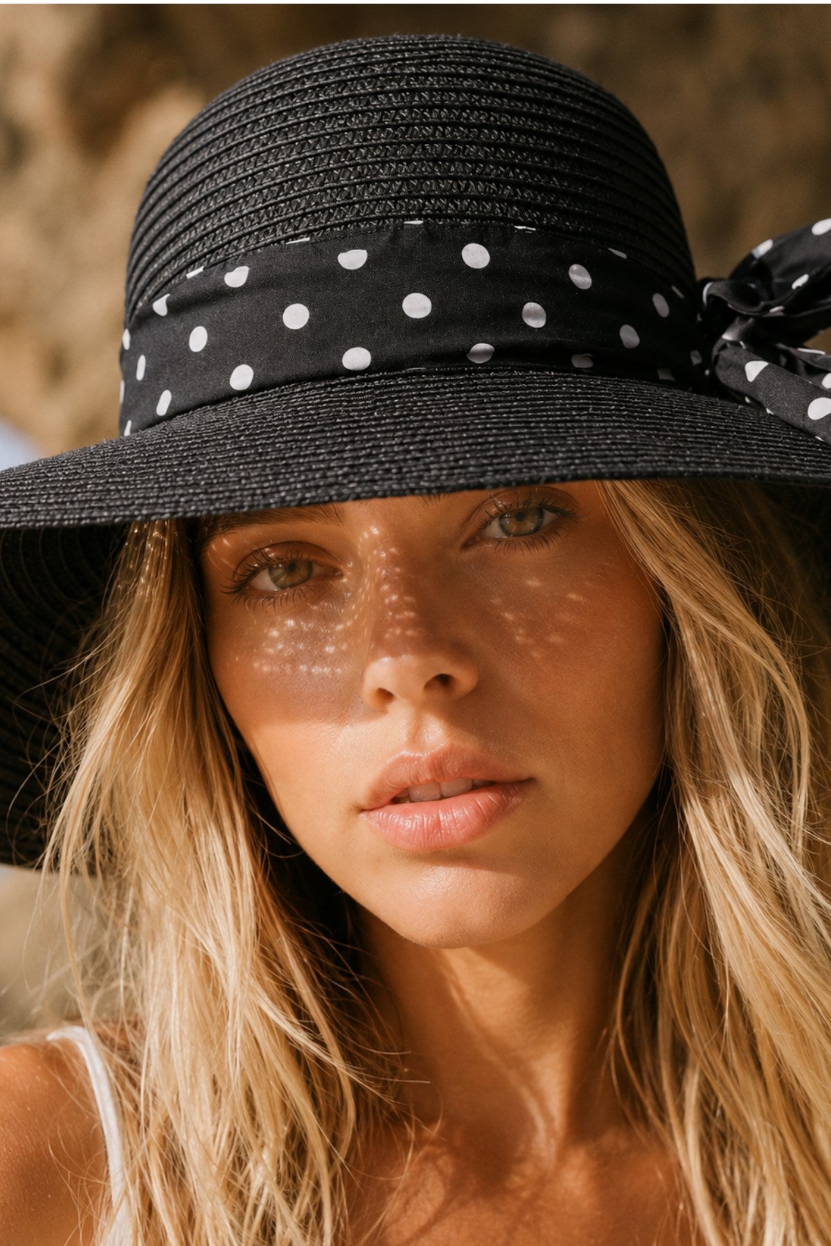 Kadın Polka Riviera Geniş Kenarlı Hasır Şapka Siyah – Puantiyeli Bağlama Detaylı Yazlık Model