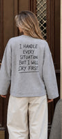 Kadın Relaxed Fit Sweatshirt Cry First Baskılı Gri Melanj – Bisiklet Yaka, 3 İplik Şardonsuz