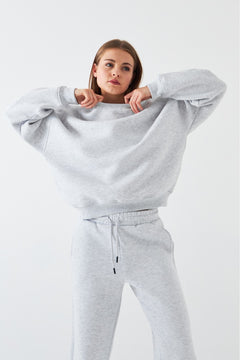 Unisex Oversize Sweatshirt Basic Gri – Bisiklet Yaka, 3 İplik Şardonlu Polar