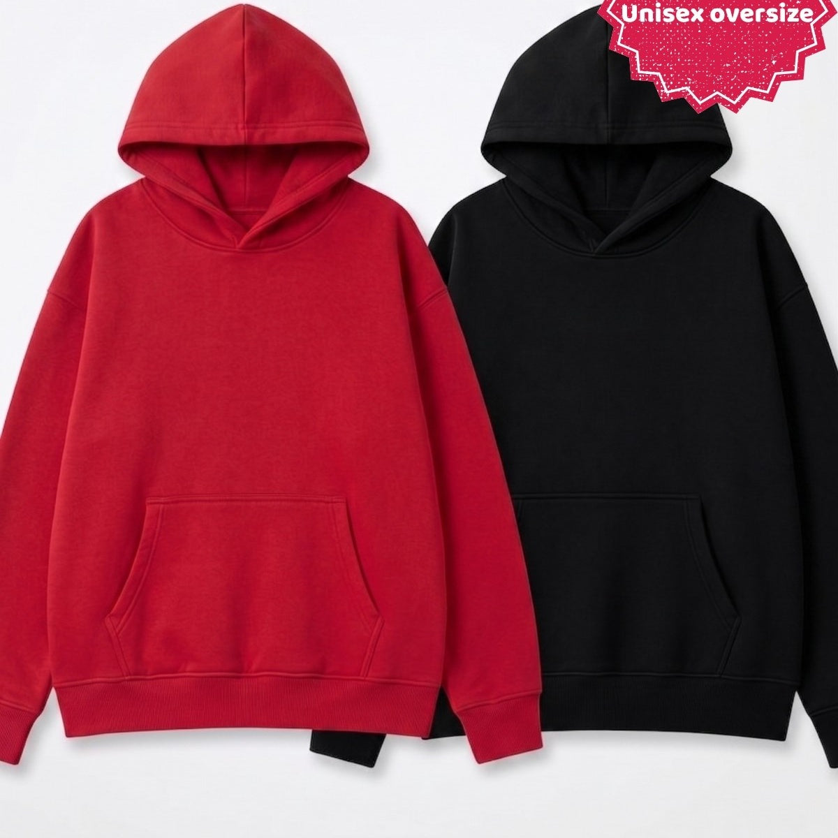 Unisex 2’li Oversize Basic Hoodie Siyah & Kırmızı – Kapüşonlu, Cepli, 3 İplik Şardonlu Polar