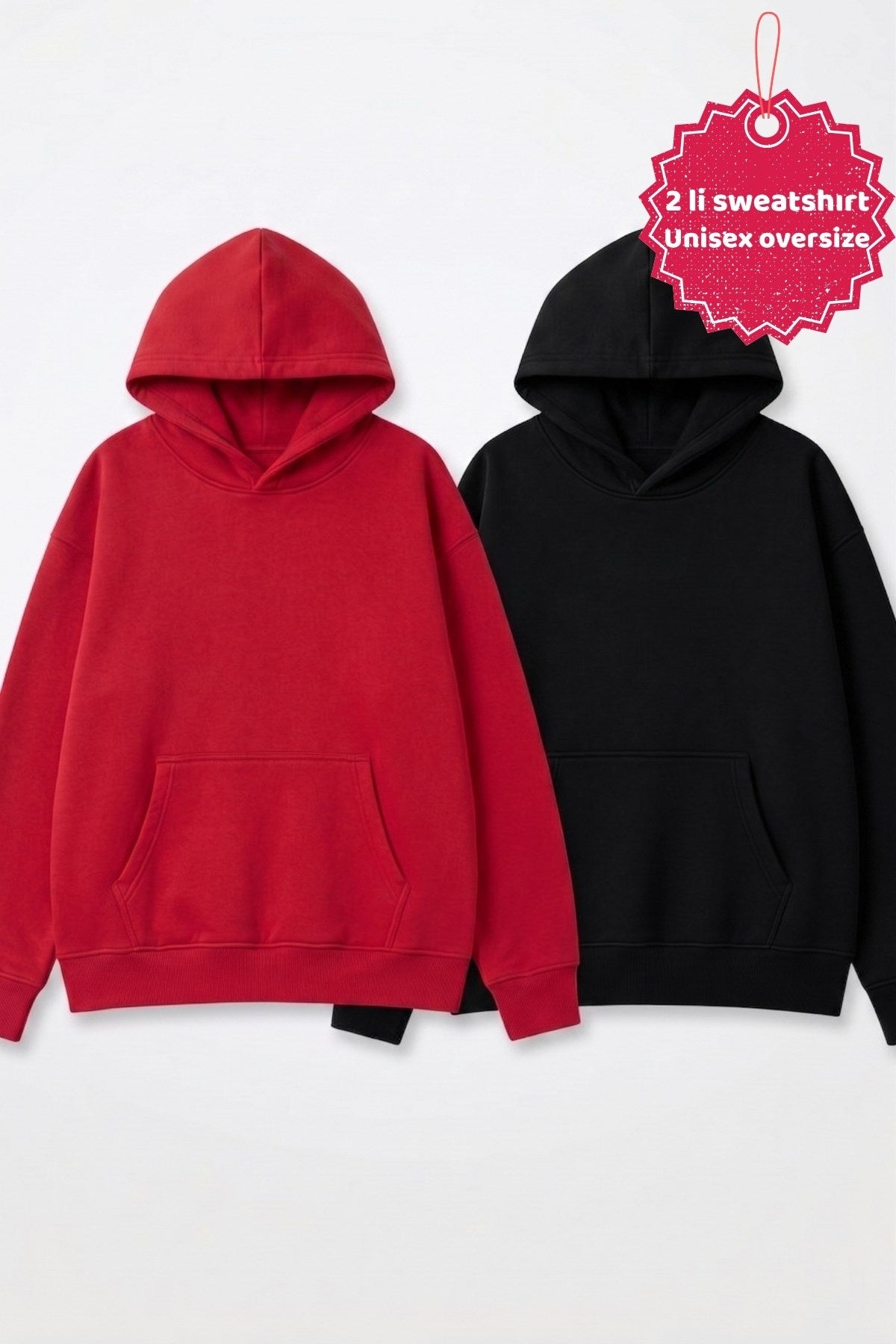 Unisex 2’li Oversize Basic Hoodie Siyah & Kırmızı – Kapüşonlu, Cepli, 3 İplik Şardonlu Polar
