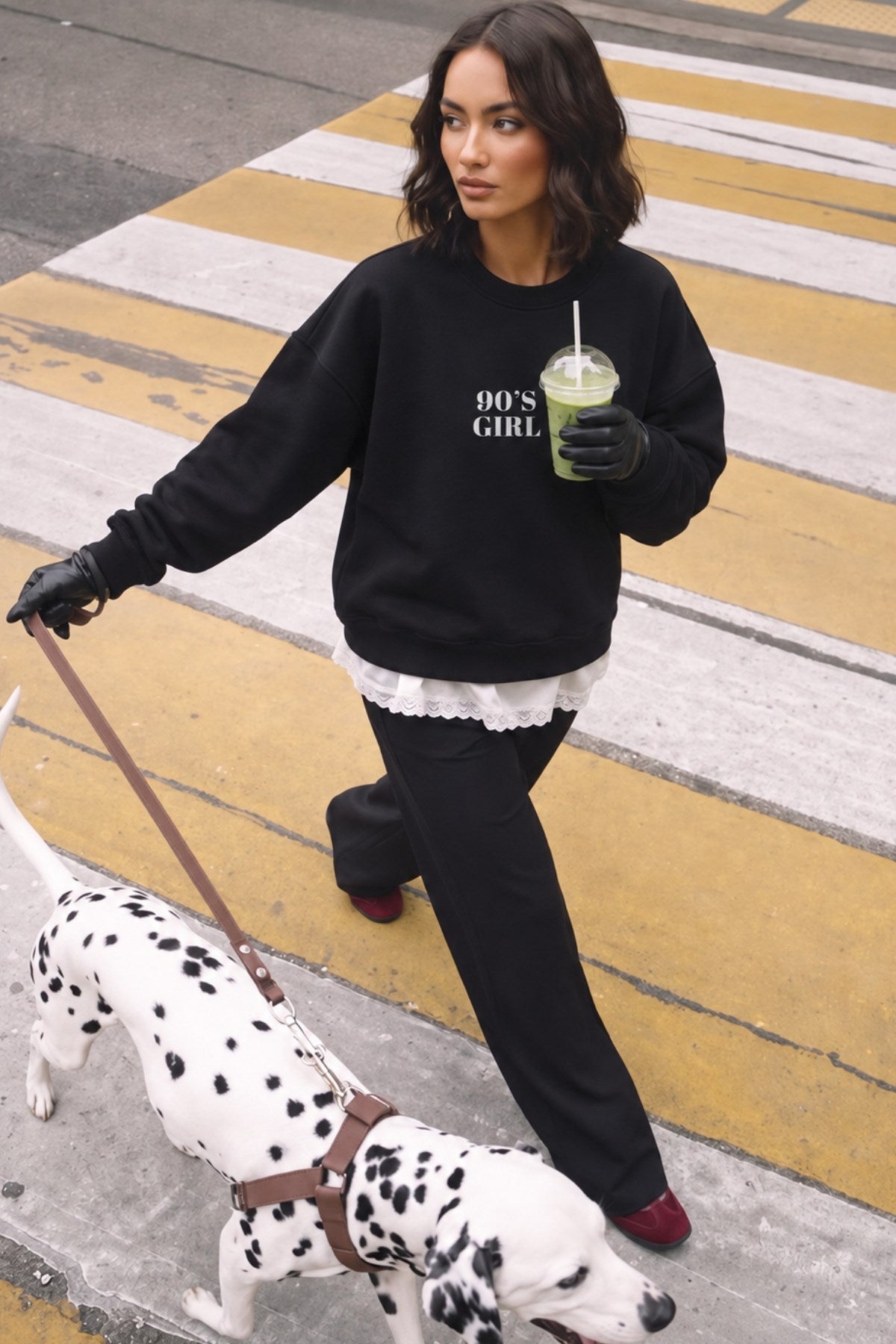Kadın Oversize Sweatshirt 90’s Girl Baskılı Siyah – Bisiklet Yaka, 3 İplik Şardonlu Polar
