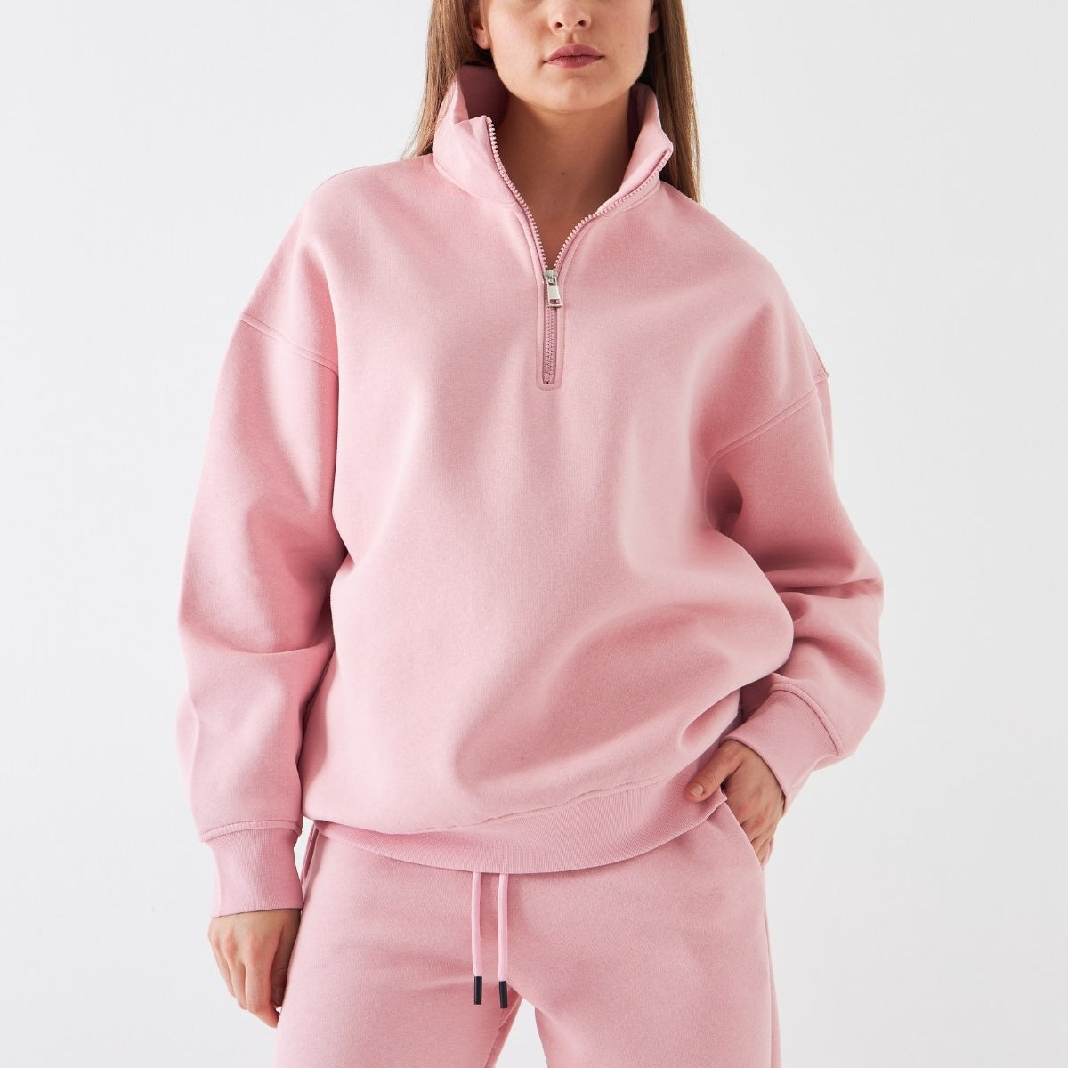 Unisex Oversize Sweatshirt Basic Pembe – Yarım Fermuar Dik Yaka, 3 İplik Şardonlu Polar