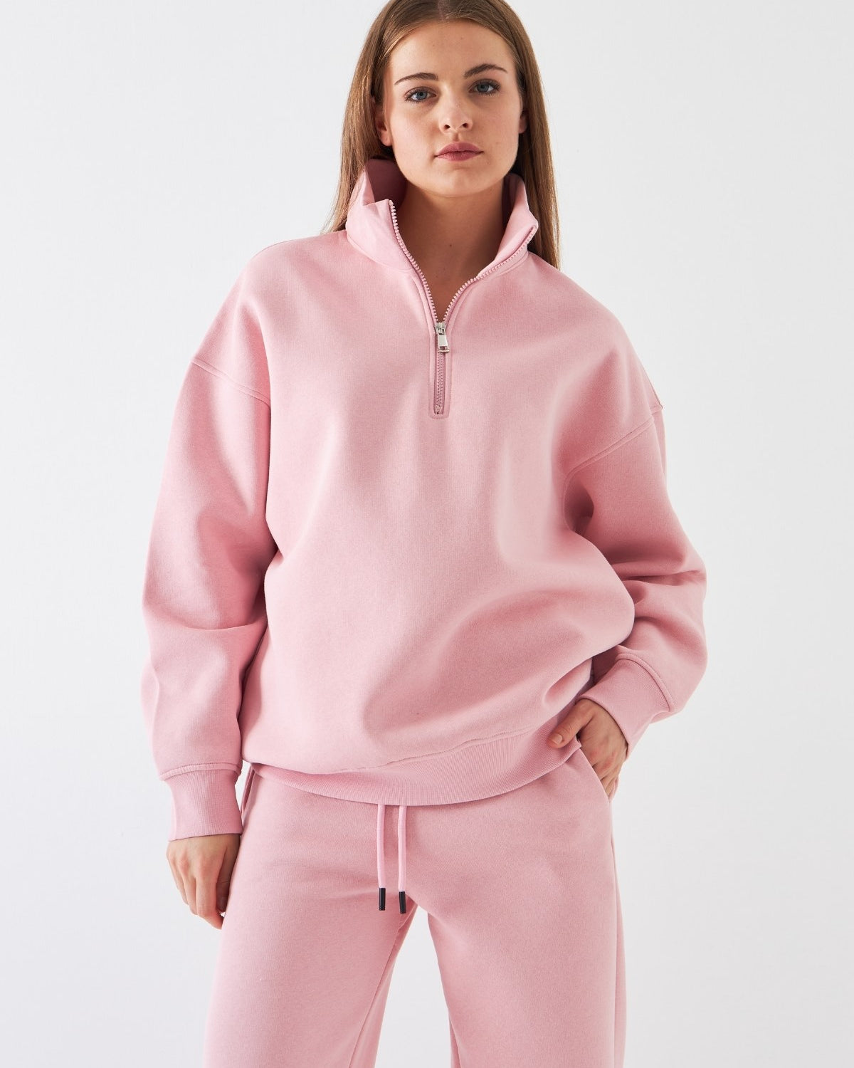Unisex Oversize Sweatshirt Basic Pembe – Yarım Fermuar Dik Yaka, 3 İplik Şardonlu Polar