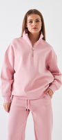 Unisex Oversize Sweatshirt Basic Pembe – Yarım Fermuar Dik Yaka, 3 İplik Şardonlu Polar
