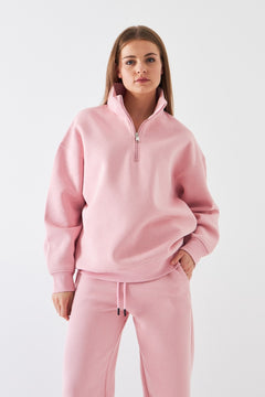 Unisex Oversize Sweatshirt Basic Pembe – Yarım Fermuar Dik Yaka, 3 İplik Şardonlu Polar
