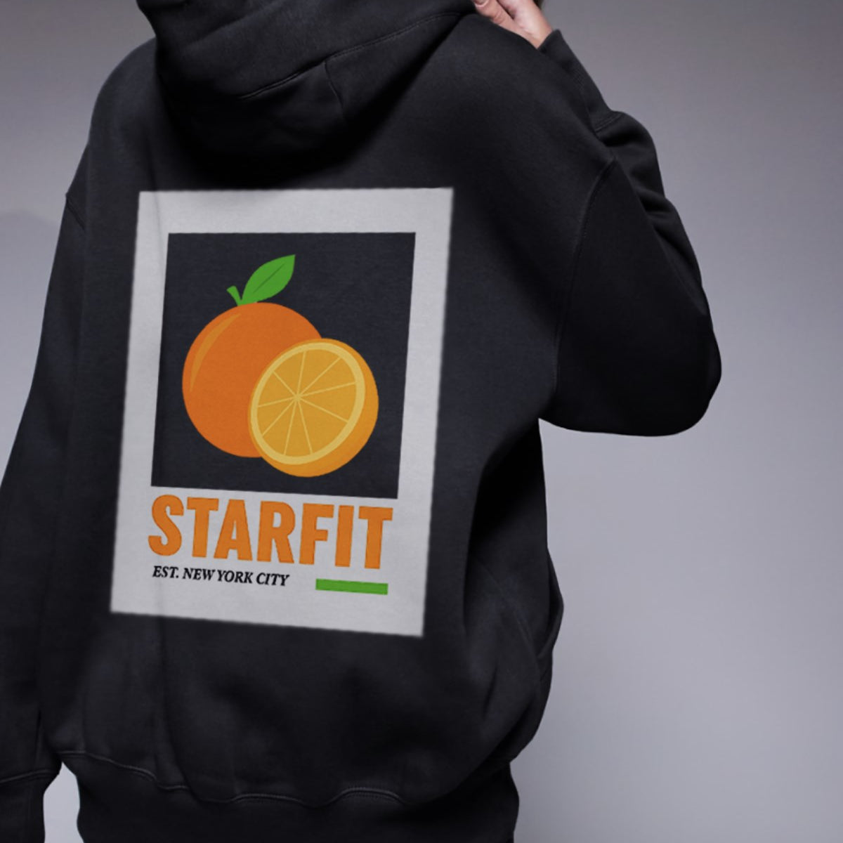 Siyah Oversize Hoodie Siyah – 3 İplik Şardonlu, Kapüşonlu Kanguru Cepli, Sırt Tam Portakal Baskı