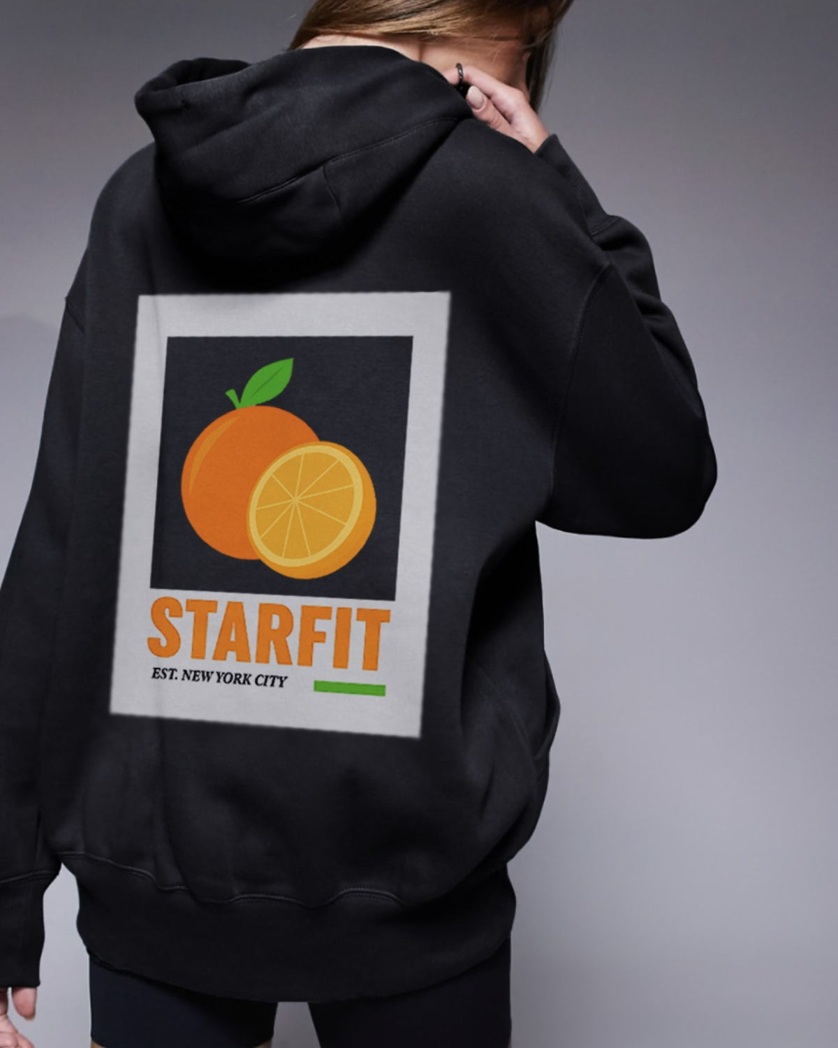 Siyah Oversize Hoodie Siyah – 3 İplik Şardonlu, Kapüşonlu Kanguru Cepli, Sırt Tam Portakal Baskı