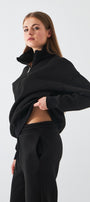 Unisex Oversize Sweatshirt Basic Siyah – Yarım Fermuar Dik Yaka, 3 İplik Şardonlu Polar
