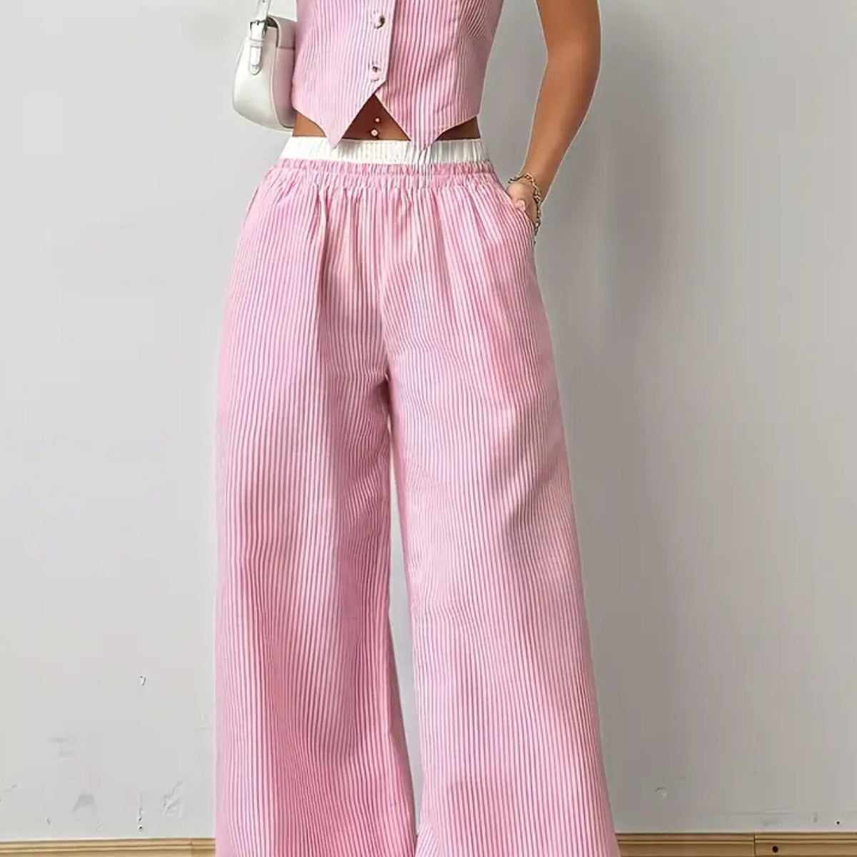 Kadın Çizgili Poplin Dokuma İkili Takım – Düğmeli Crop Yelek & Bol Paça Pantolon Yazlık Rahat Model