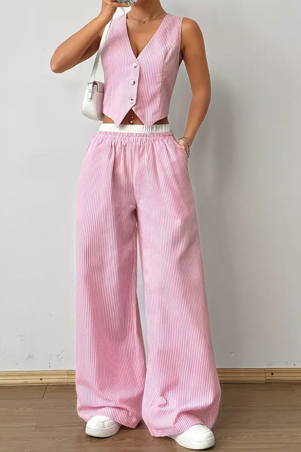 Kadın Çizgili Poplin Dokuma İkili Takım – Düğmeli Crop Yelek & Bol Paça Pantolon Yazlık Rahat Model