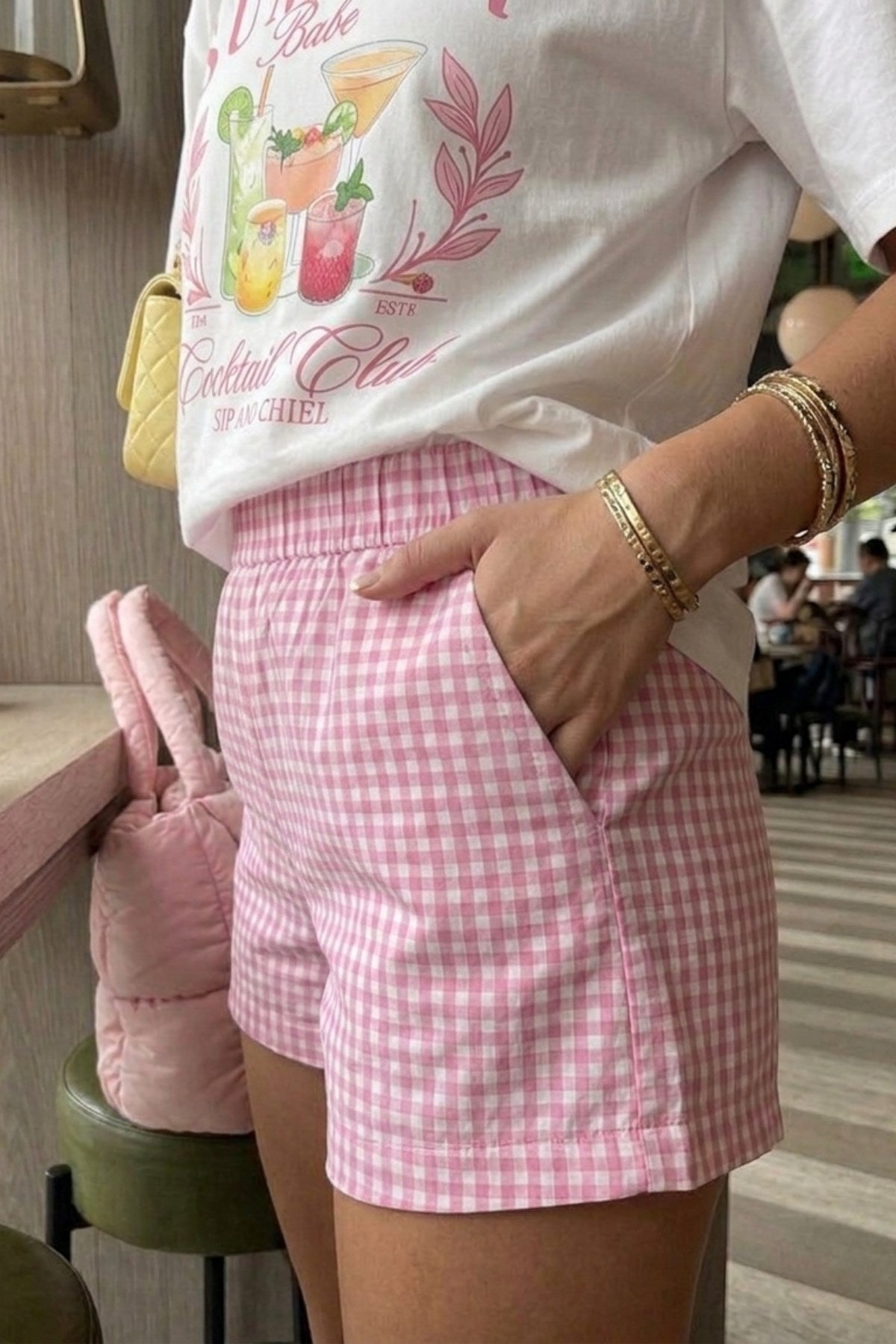 Kadın Ekose Desenli Lastikli Bel Yazlık Şort Pembe – Rahat Kalıp, Cepli (Kombin Ürün)
