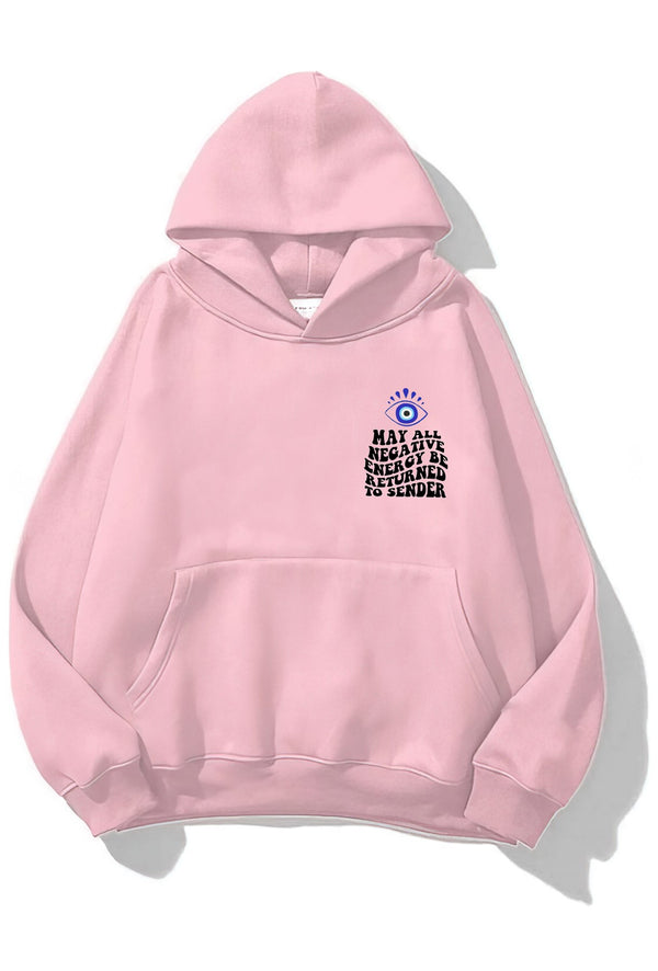 Kapüşonlu İçi Polar Kirpikli Nazar Boncuğu Baskılı Pembe Unisex Sweatshirt