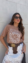 Kadın Oversize Tişört Boho Chic Baskılı Kahverengi – Bisiklet Yaka, Rahat Kalıp, %100 Pamuk