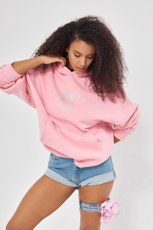 Fiyonk Desen Taş Baskılı Kapüşonlu İçi Polar Oversize Pembe Sweatshirt