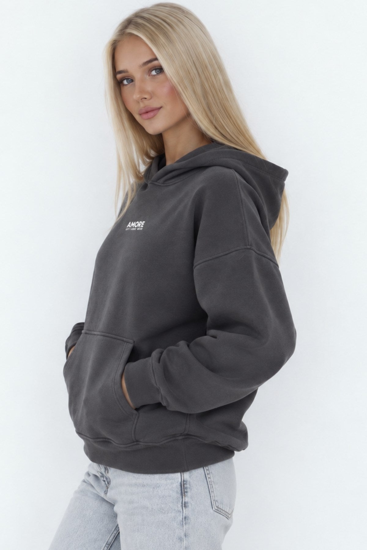 Kadın Oversize Hoodie Amore Baskılı Füme – Kapüşonlu, Kanguru Cepli, 3 İplik Şardonlu Polar