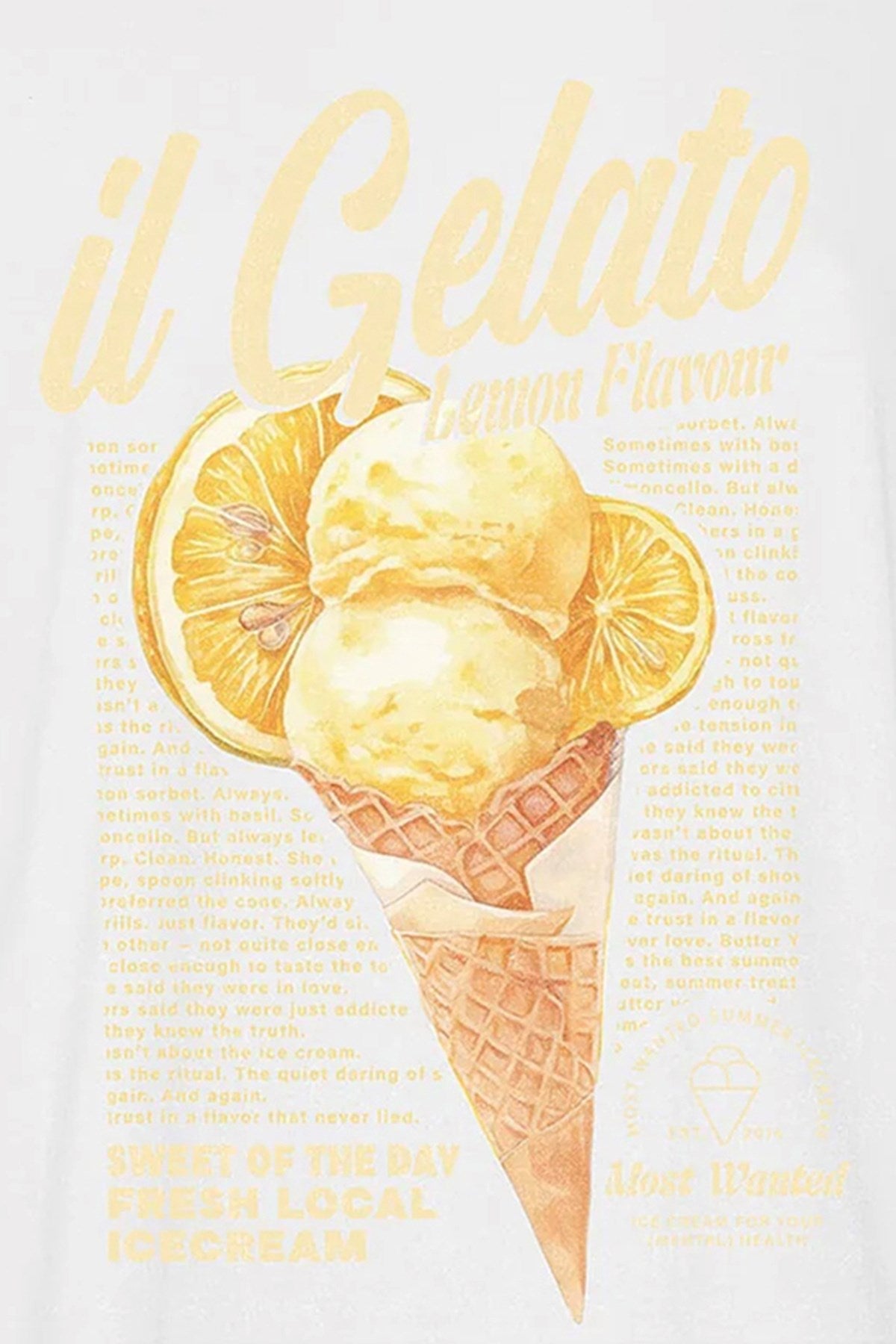 Kadın Oversize Tişört Gelato Lemon Baskılı Beyaz – Bisiklet Yaka, %100 Pamuk Compact Süprem 24/1