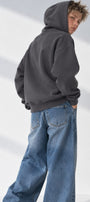 Erkek Çocuk Oversize Basic Hoodie Sweatshirt Füme – Kapüşonlu, Kanguru Cepli, 3 İplik Polar
