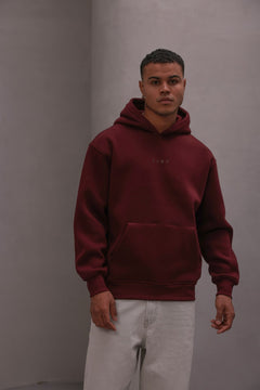 Erkek Oversize Sweatshirt Hoodie CHMP Yazlı Baskılı Bordo – Kapüşonlu, 3 İplik Polar, Kanguru Cepli