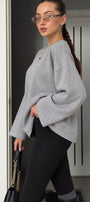 Kadın Relaxed Fit Sweatshirt Basic Gri Melanj – Bisiklet Yaka, 3 İplik Şardonsuz, Düşük Omuz