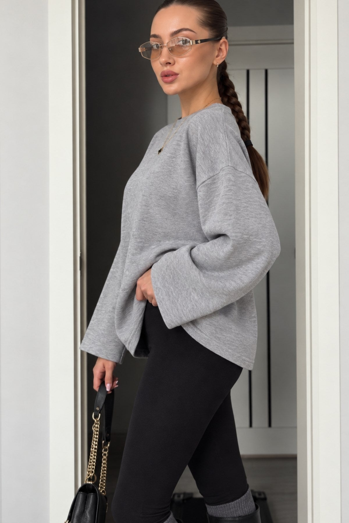 Kadın Relaxed Fit Sweatshirt Basic Gri Melanj – Bisiklet Yaka, 3 İplik Şardonsuz, Düşük Omuz