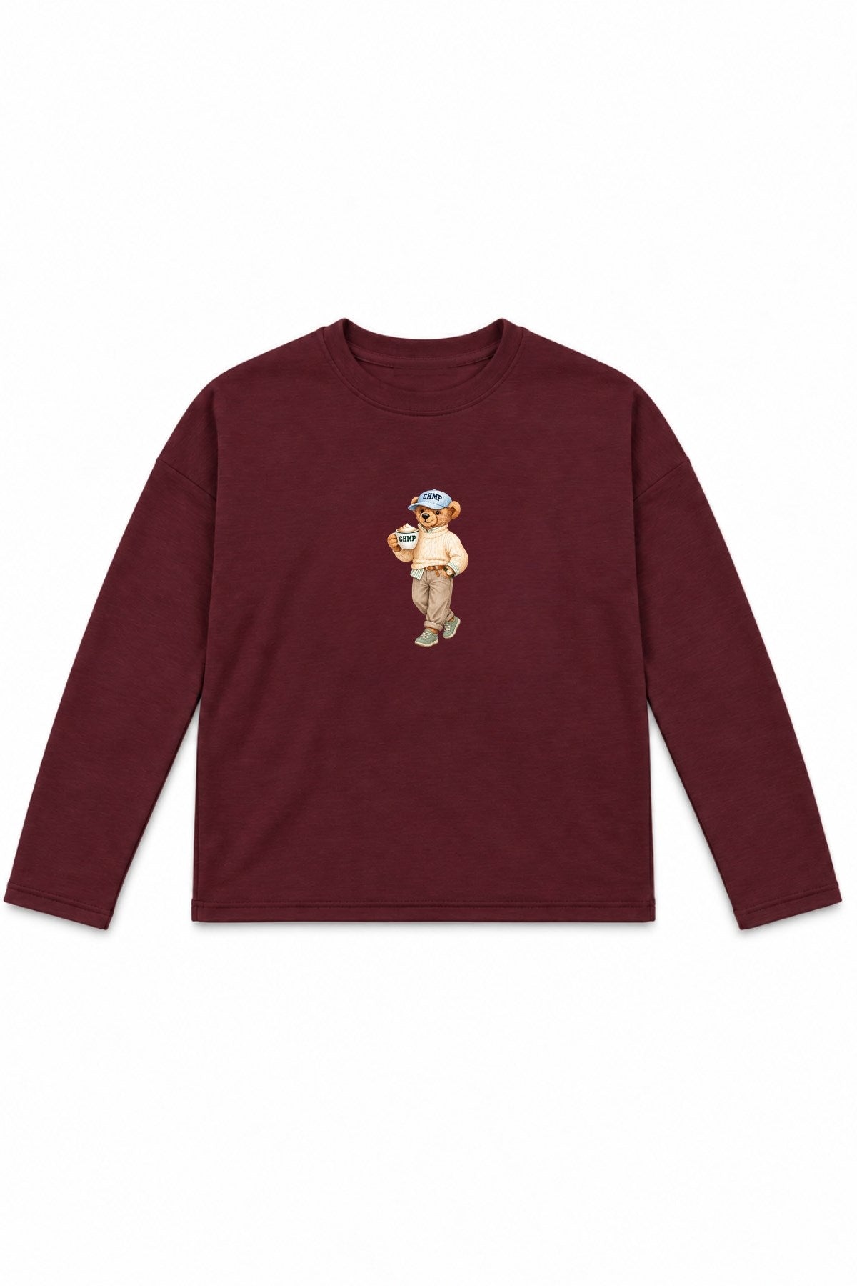 Kadın Relaxed Fit Sweatshirt Coffee Bear Baskılı Bordo – Bisiklet Yaka, 3 İplik Şardonsuz, Geniş Kol