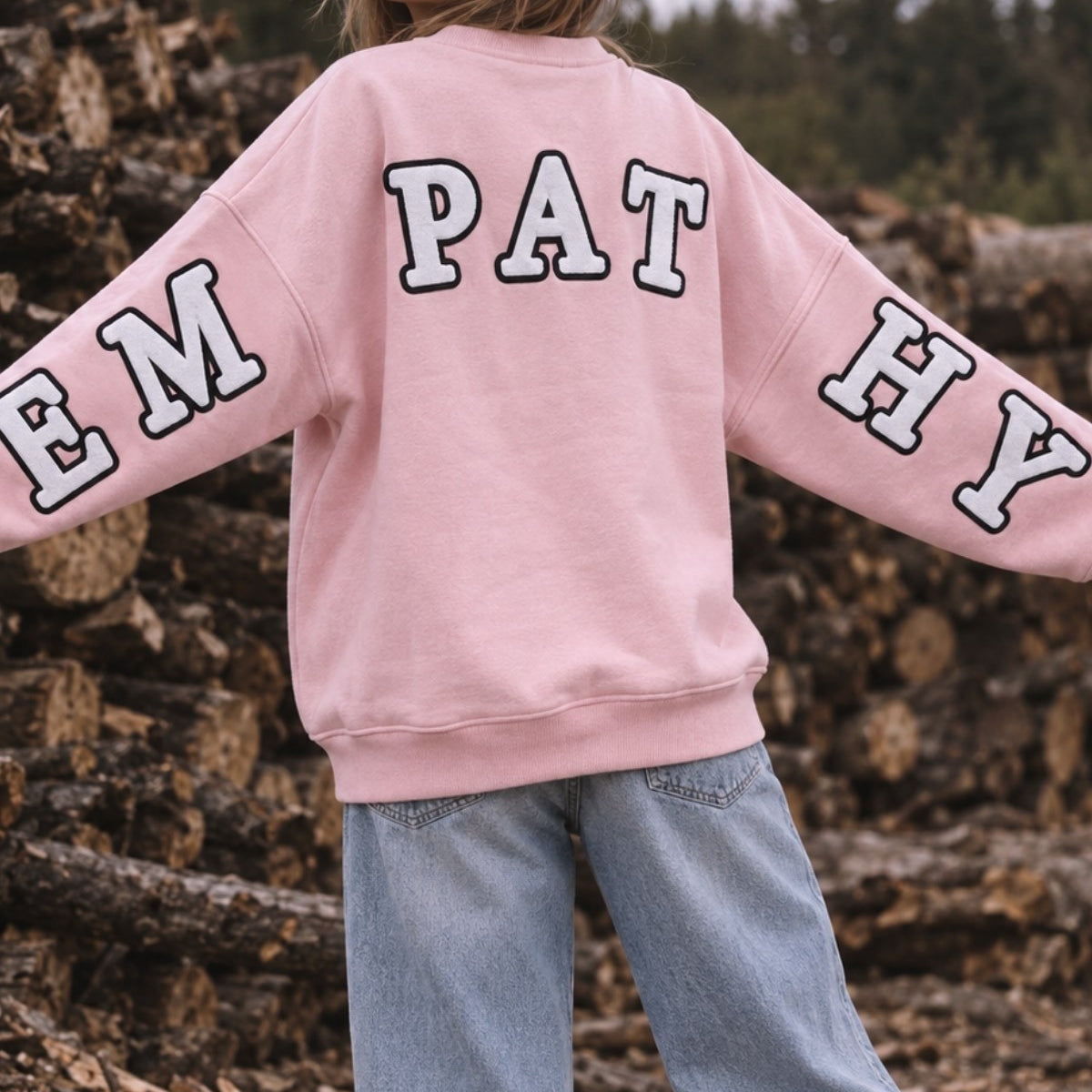 Kadın Oversize Sweatshirt Empathy 3D Baskılı Pembe – Bisiklet Yaka, 3 İplik Şardonlu Polar