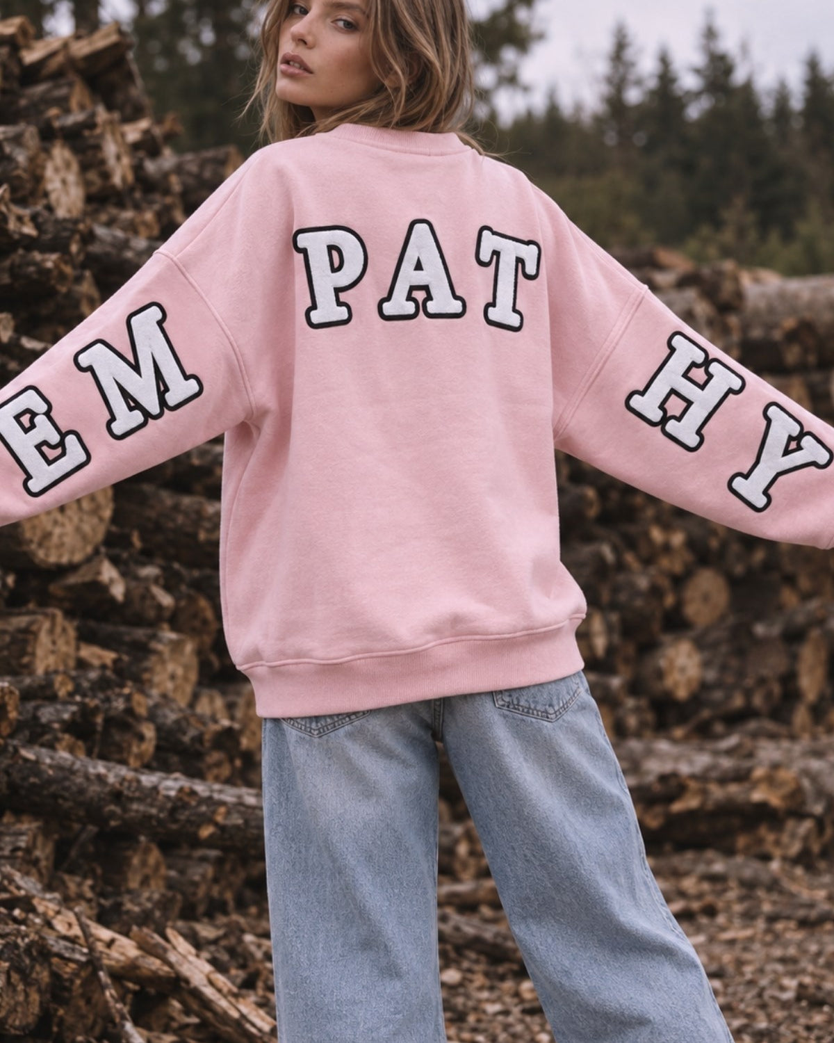 Kadın Oversize Sweatshirt Empathy 3D Baskılı Pembe – Bisiklet Yaka, 3 İplik Şardonlu Polar