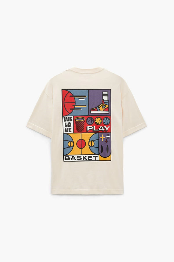 We Love Play Basket Yazılı  Basket Tasarım Baskılı Oversize Beyaz Erkek T-shirt